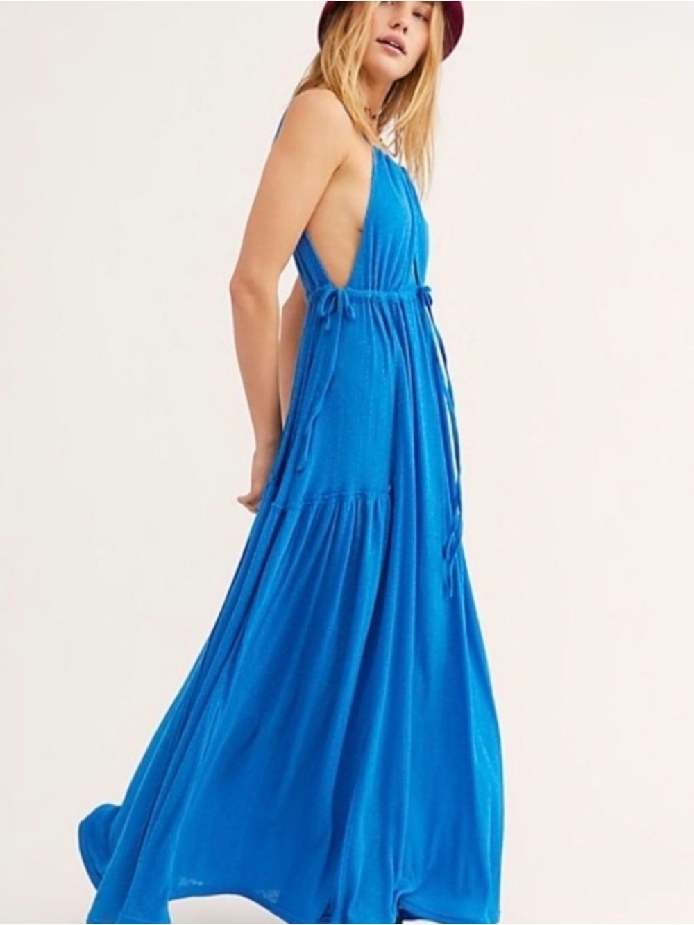 Free People Beach Halter Maxi Dress – Open Back Blue Boho Dress • Size L/XL